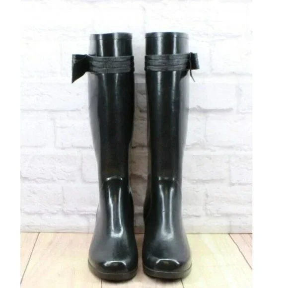 Kate Spade Black Glossy Rubber Pull On Knee High Rain Boots Size 9 - Picture 4 of 10